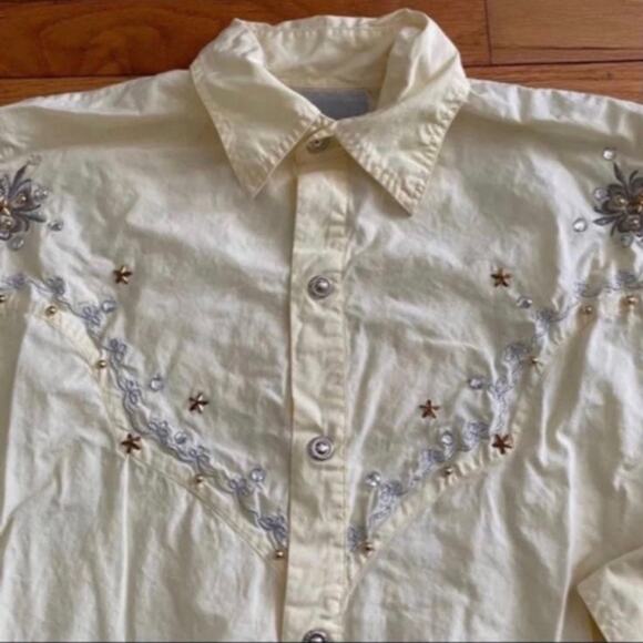 Adult Size L Freego Vintage Western Shirt Yellow with embroidery  and beadwork 1 - Picture 4 of 6
